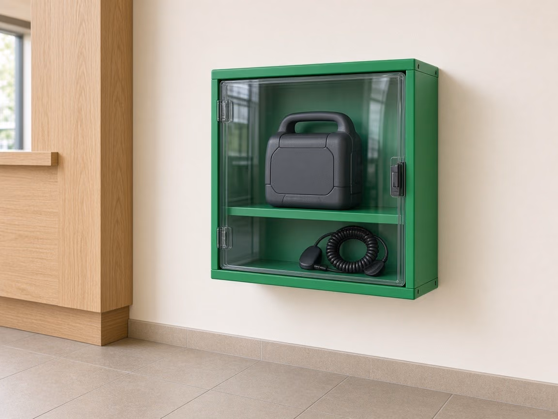 AED in een groene wandkast bij de entree.