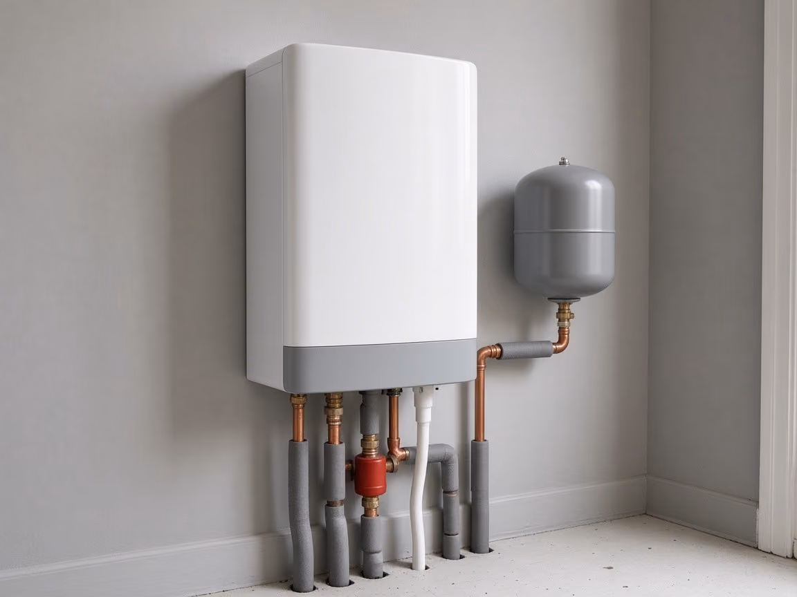Witte cv-ketel met leidingen en expansievat in een technische ruimte.