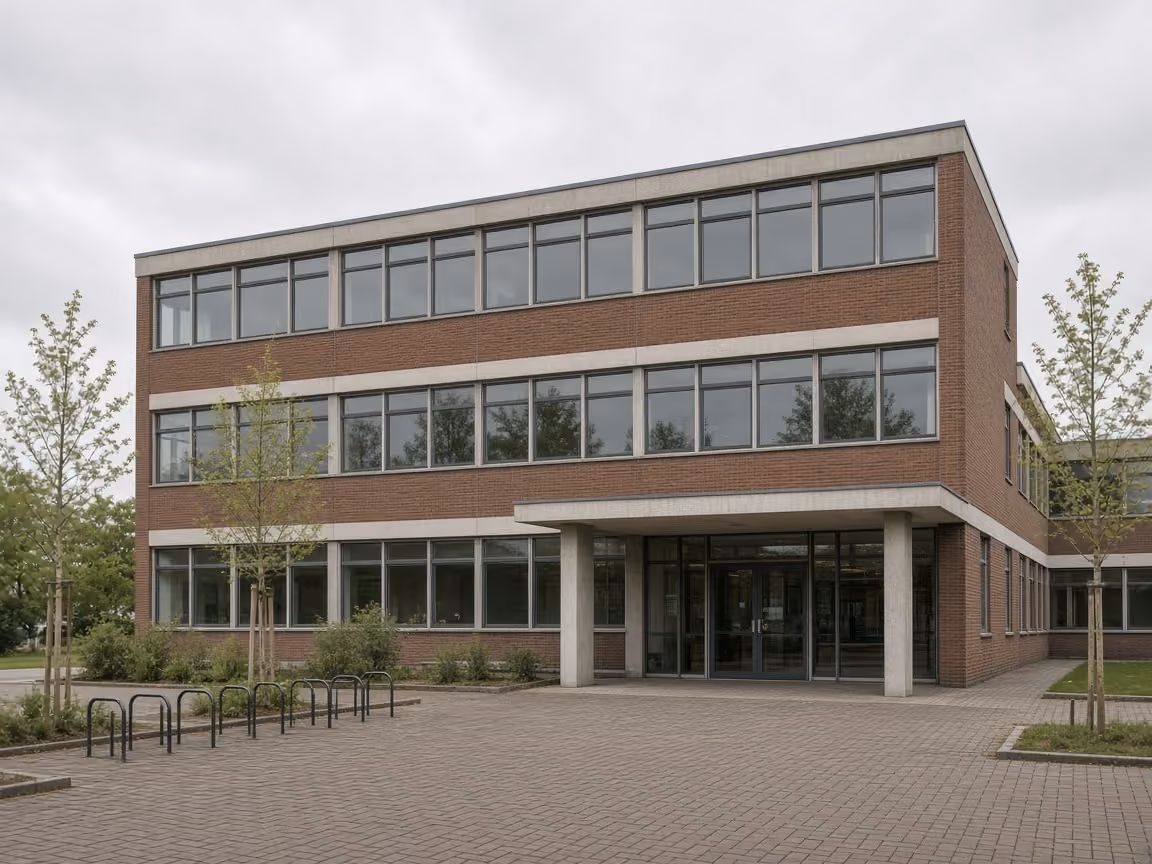Gegenereerde voorbeeldfoto: gevel van het fictieve gemeentehuis, een bakstenen kantoorgebouw met een luifel boven de entree.