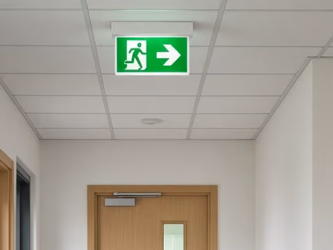 Groene vluchtwegaanduiding boven een deur in een gang.