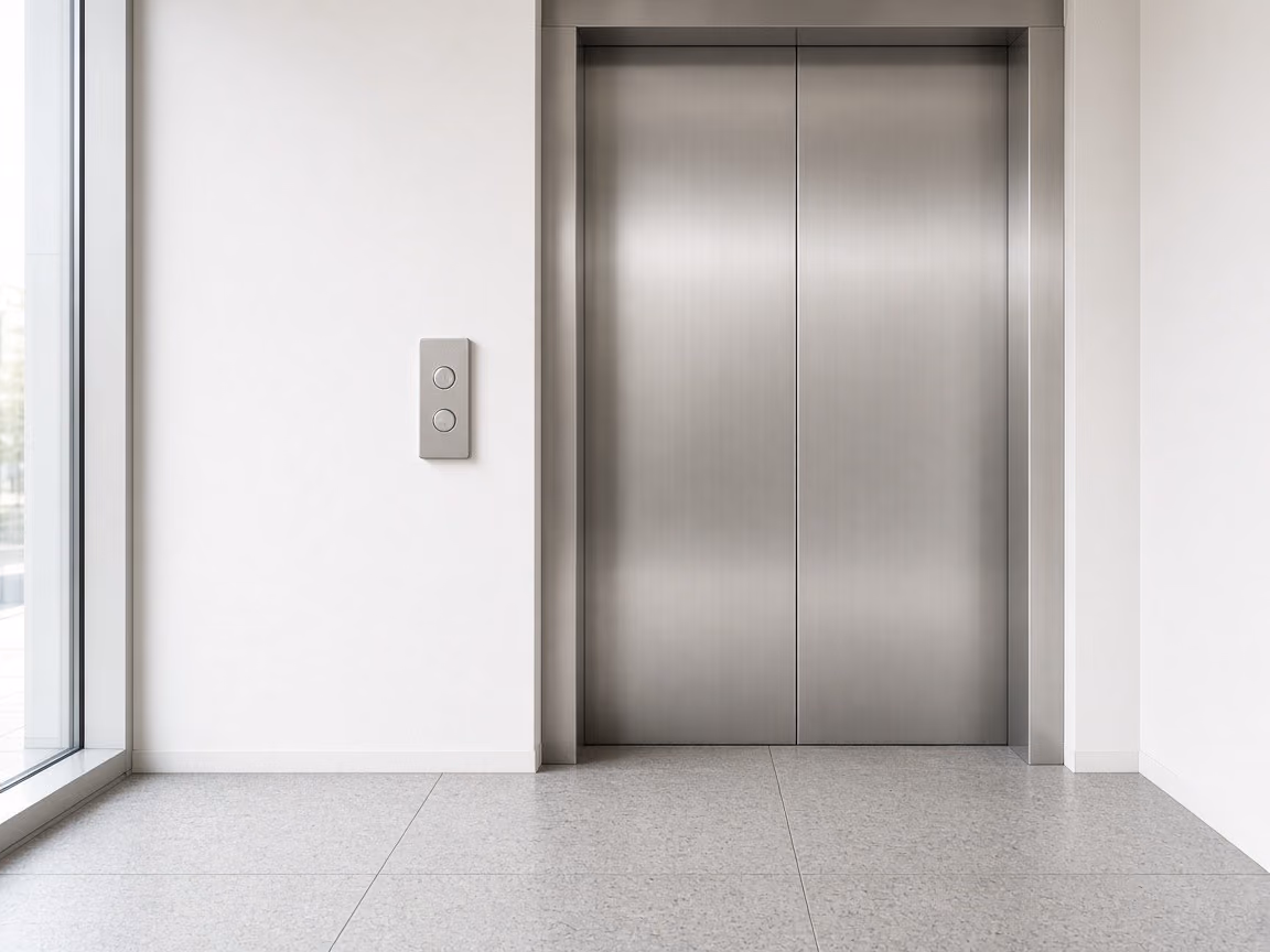 Roestvrijstalen liftdeuren in een lichte entreehal.